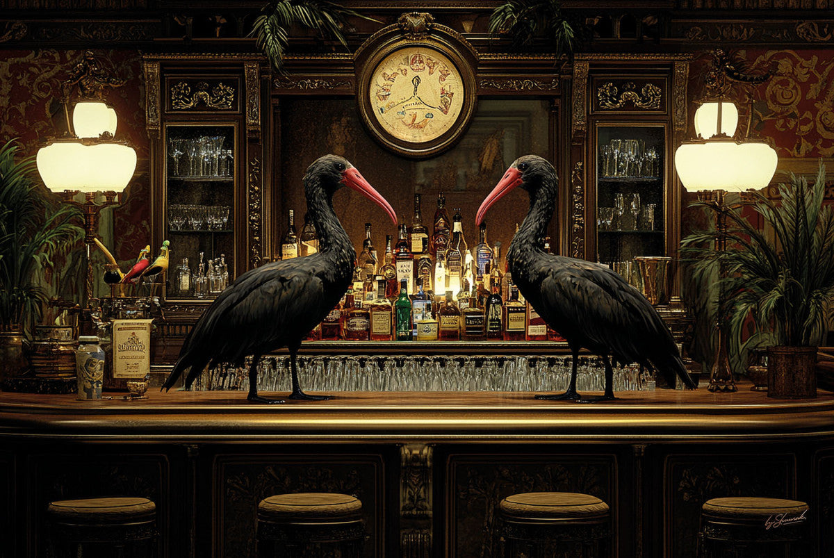 Glasschilderij zwarte Ibissen vogels op de bar 120x80 cm