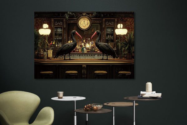 Glasschilderij zwarte Ibissen vogels op de bar 120x80 cm