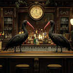 Glasschilderij zwarte Ibissen vogels op de bar 120x80 cm