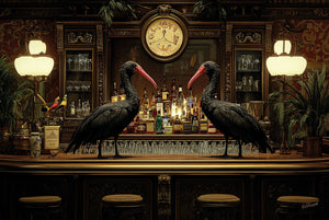 Glasschilderij zwarte Ibissen vogels op de bar 120x80 cm
