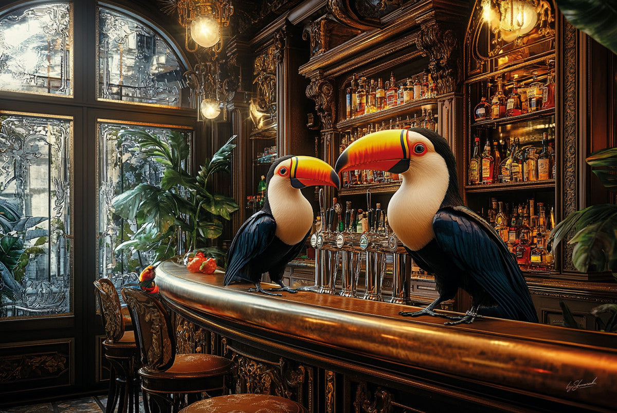 Glasschilderij Toekans vogels op de bar 120x80 cm