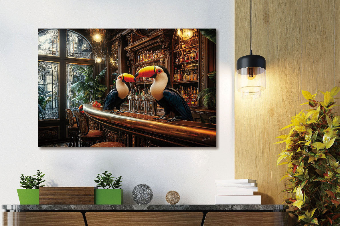 Glasschilderij Toekans vogels op de bar 120x80 cm (Magazijn sale)