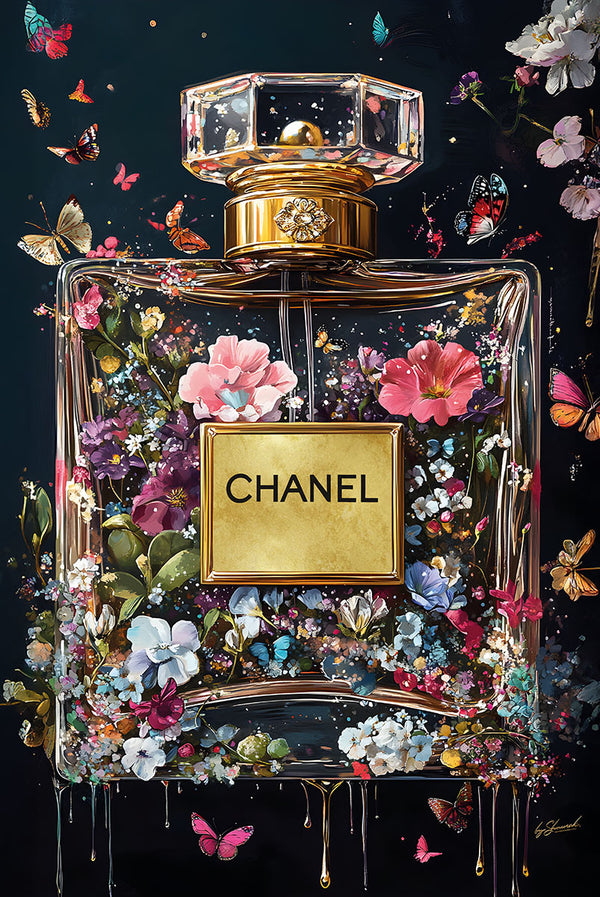 Glasschilderij Doorzichtig fashion parfum flesje met bloemen 80x120 cm