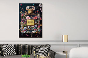 Glasschilderij Doorzichtig fashion parfum flesje met bloemen 80x120 cm