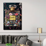 Glasschilderij Doorzichtig fashion parfum flesje met bloemen 80x120 cm