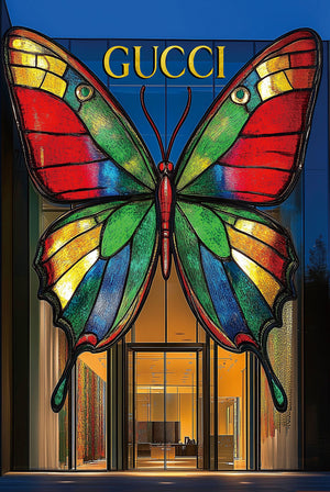 Glasschilderij mode winkel met grote vlinder 80x120 cm