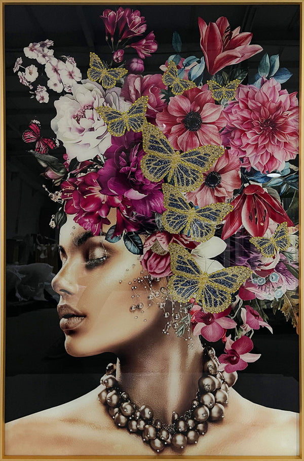 Glasschilderij Vrouw met bloemen met kristallen en lijst 80x120 cm (NIEUW)