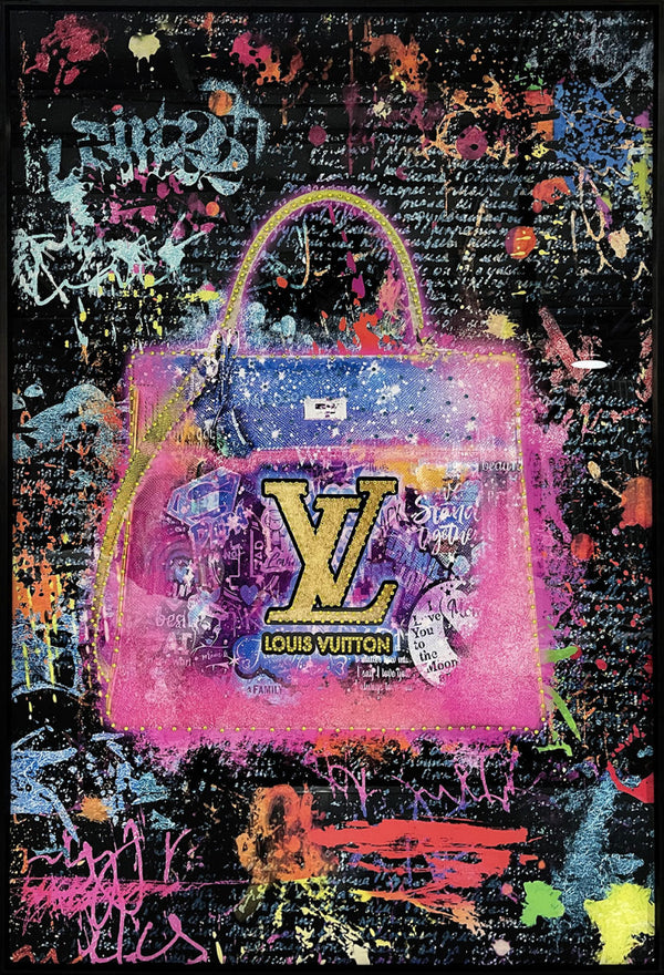 Glasschilderij Gekleurde fashion tas met kristallen en lijst 80x120 cm (NIEUW)