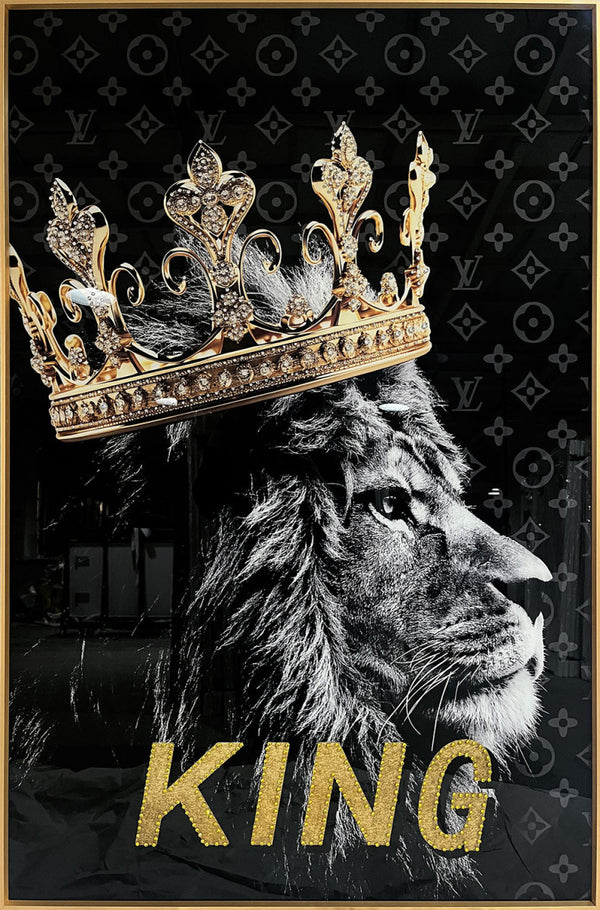 Glasschilderij Leeuw met kroon met kristallen en lijst 80x120 cm (NIEUW)