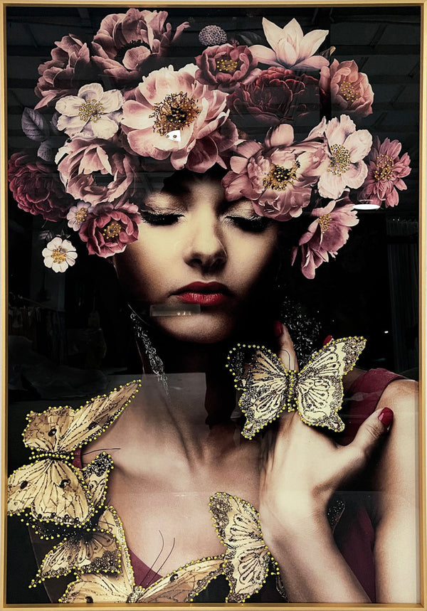 Glasschilderij Vrouw met vlinderkrans/bloemen met kristallen en lijst 80x120 cm (NIEUW)