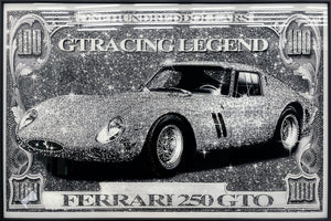 Glasschilderij  Auto op briefgeld met kristallen en lijst 120x80 cm (NIEUW)