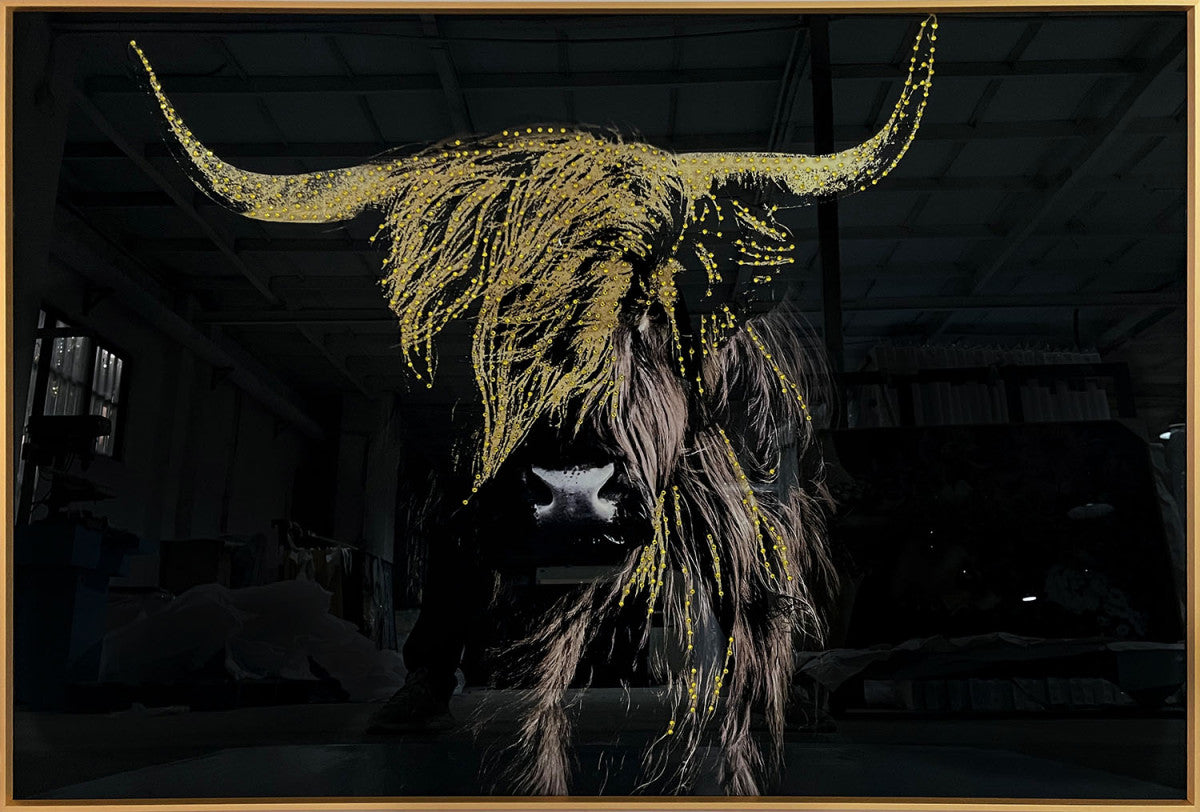 Glasschilderij Gouden hooglander met kristallen en lijst 120x80 cm (Magazijn sale)
