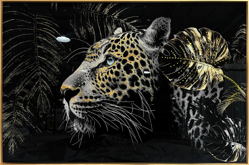 Glasschilderij panter met kristallen en lijst 120x80 cm (NIEUW)