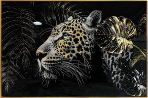 Glasschilderij panter met kristallen en lijst 120x80 cm (NIEUW)