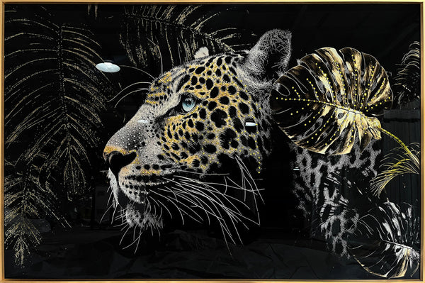 Glasschilderij panter met kristallen en lijst 120x80 cm (NIEUW)