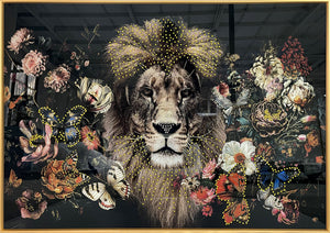 Glasschilderij Leeuw tussen bloemen met kristallen en lijst 120x80 cm (NIEUW)