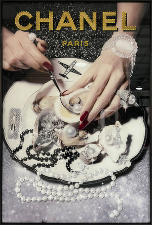 Glasschilderij Parels / fashion sieraden met kristallen en lijst 80x120 cm (NIEUW)