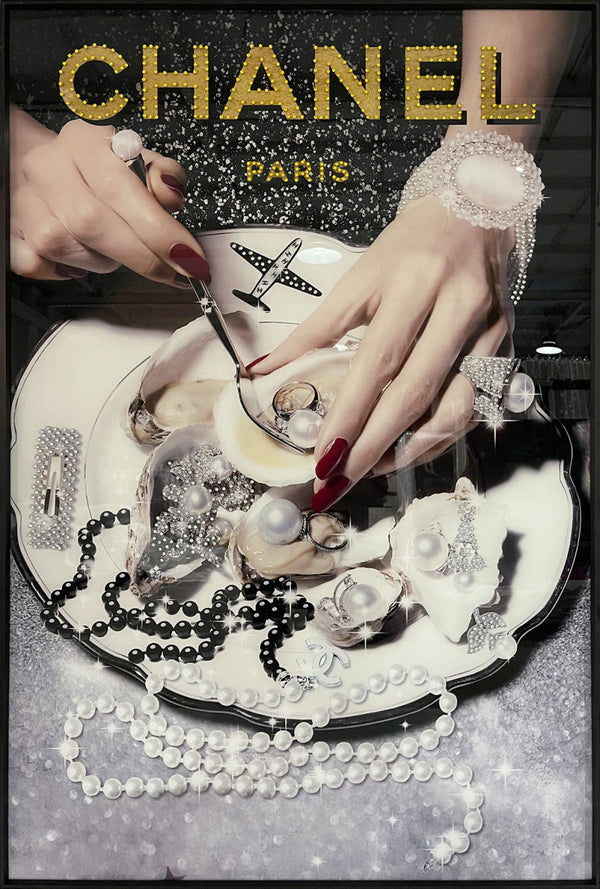 Glasschilderij Parels / fashion sieraden met kristallen en lijst 80x120 cm (NIEUW)