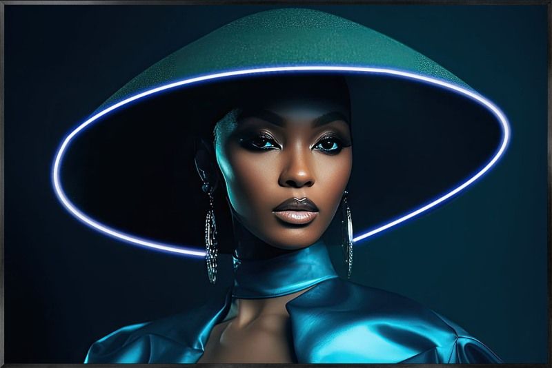 Glasschilderij met ledverlichting - Vrouw met led hoed 120x80 cm