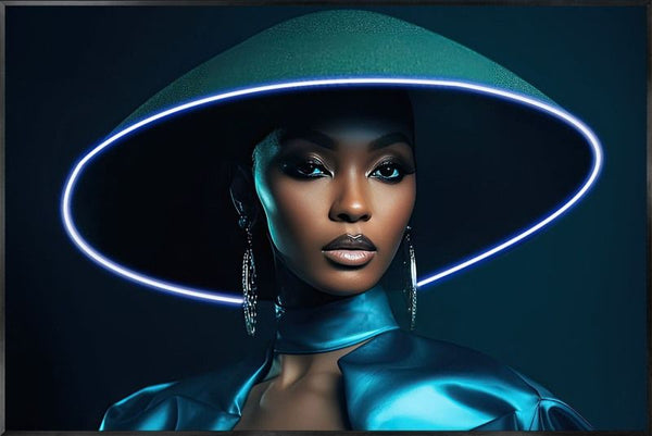 Glasschilderij met ledverlichting - Vrouw met led hoed 120x80 cm