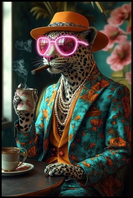 Glasschilderij met ledverlichting - Luipaard roze zonnebril 80x120 cm