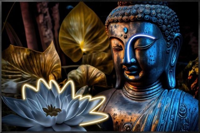 Glasschilderij met ledverlichting - Boeddha en bloem 120x80 cm