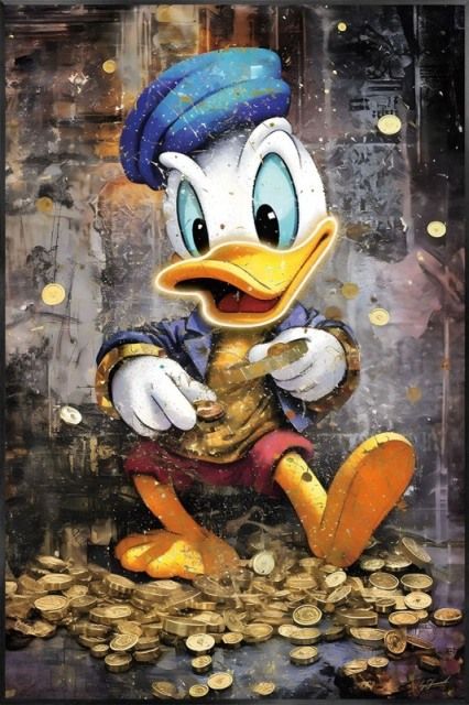 Glasschilderij met ledverlichting - Disney eend met geld 80x120 cm