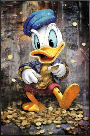 Glasschilderij met ledverlichting - Disney eend met geld 80x120 cm