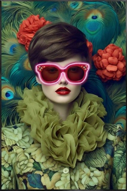 Glasschilderij met ledverlichting - Vrouw roze led bril 80x120 cm