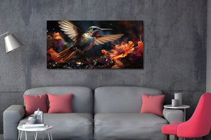 Glasschilderij Kolibrie vogel naast oranje bloem 160x80 cm