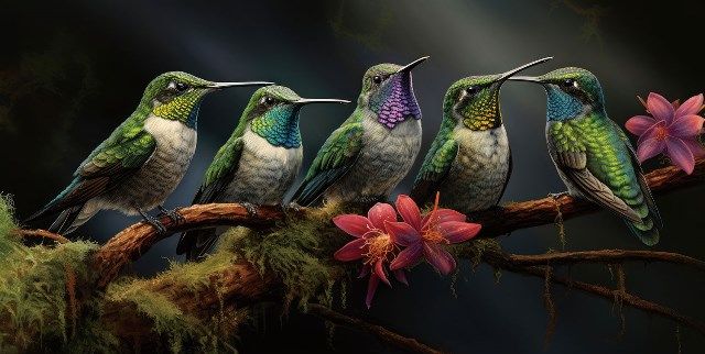 Glasschilderij 5 Kolibrie vogels op tak 160x80 cm