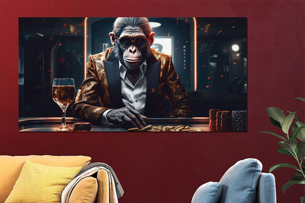 Glasschilderij aap in pak aan de pokertafel 160x80 cm (Magazijn sale)