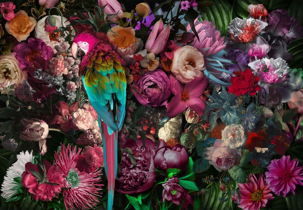 Glasschilderij papegaai & bloemen 160x110 cm