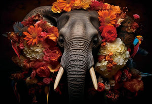 Glasschilderij Olifant omringd door bloemen - 160x110 cm