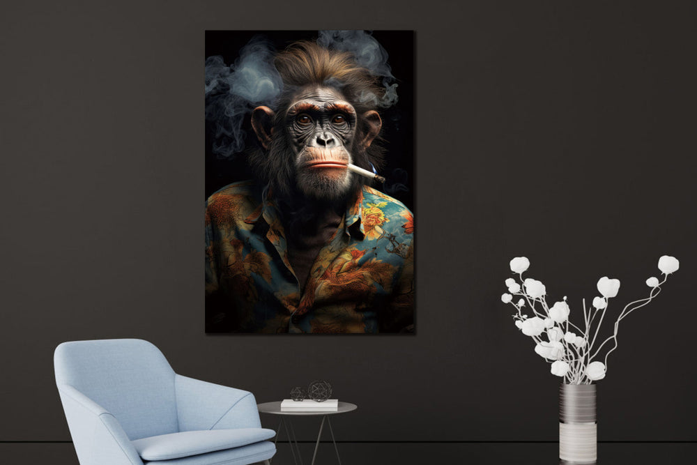 Glasschilderij Aap in kleding met sigaret 110x160 cm
