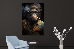 Glasschilderij Aap in kleding met sigaret 110x160 cm