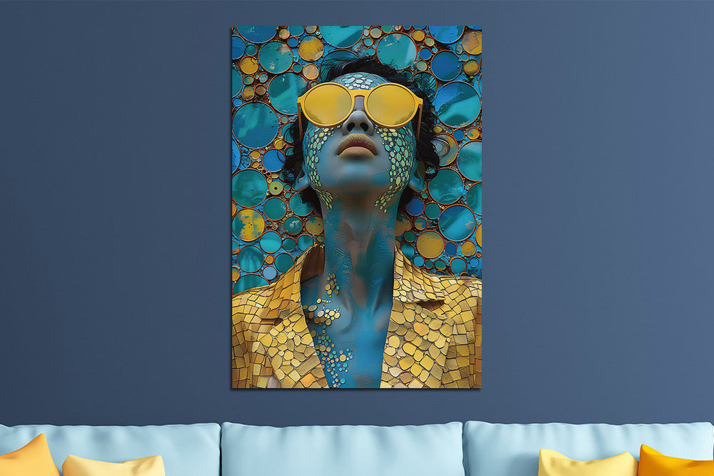 Glasschilderij Blauwe vrouw met gouden bril 110x160 cm
