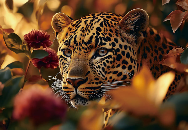 Glasschilderij  Panter tussen de bloemen 160x110 cm