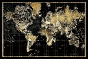 Glasschilderij Wereldkaart zwart/goud met 3D reliëf 160x110 cm