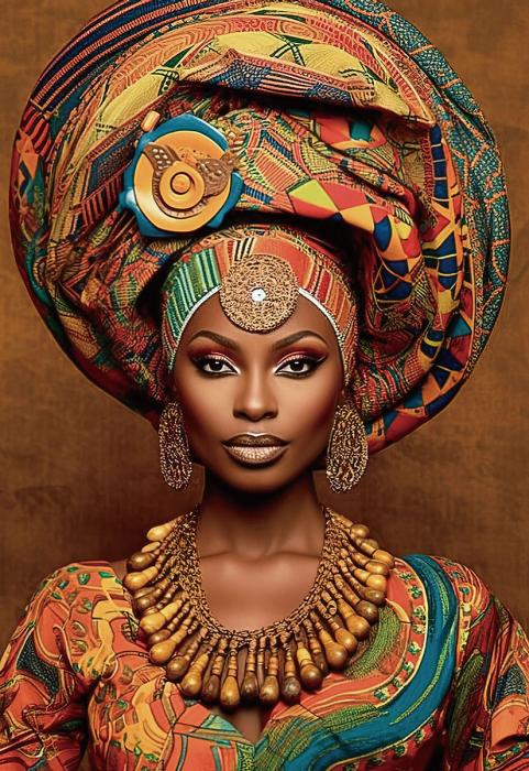 Glasschilderij vrouw gekleurde hoofddoek en sieraden 3D reliëf 110x160 cm