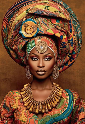 Glasschilderij vrouw gekleurde hoofddoek en sieraden 3D reliëf 110x160 cm