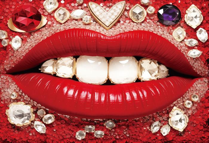 Glasschilderij rode lippen en diamanten 3D reliëf 160x110 cm