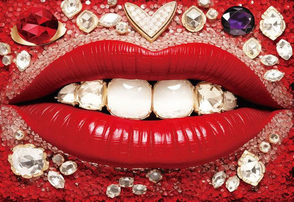 Glasschilderij rode lippen en diamanten 3D reliëf 160x110 cm