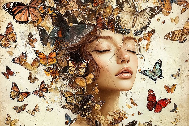 Glasschilderij vrouw & vlinders met uniek 3D reliëf 160x110 cm