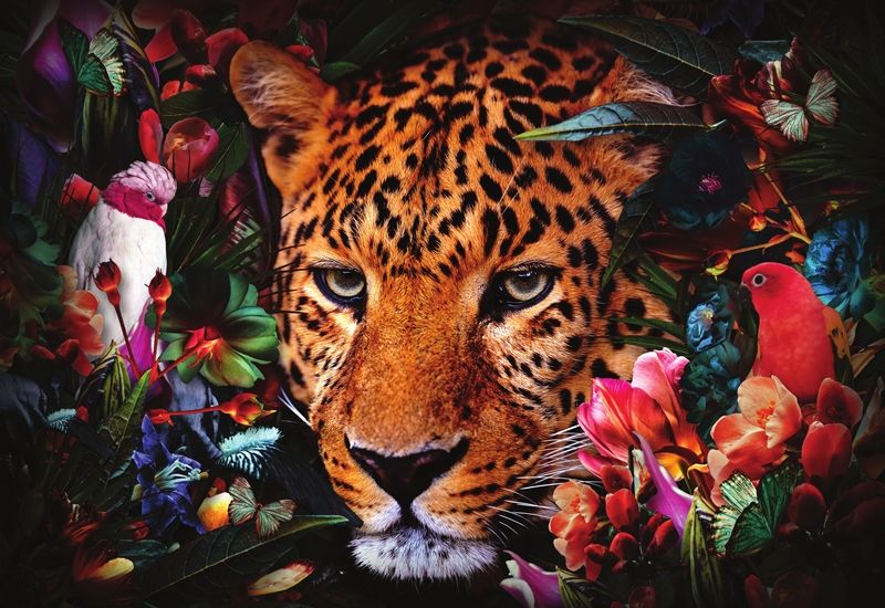 Glasschilderij panter in jungle met bloemen en vogels 160x110 cm