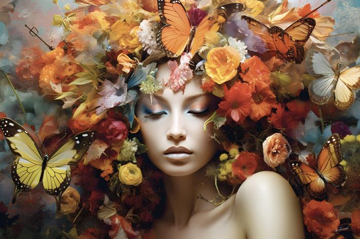 Glasschilderij Vrouw/bloemen/vlinders kleurrijk 160x110 cm
