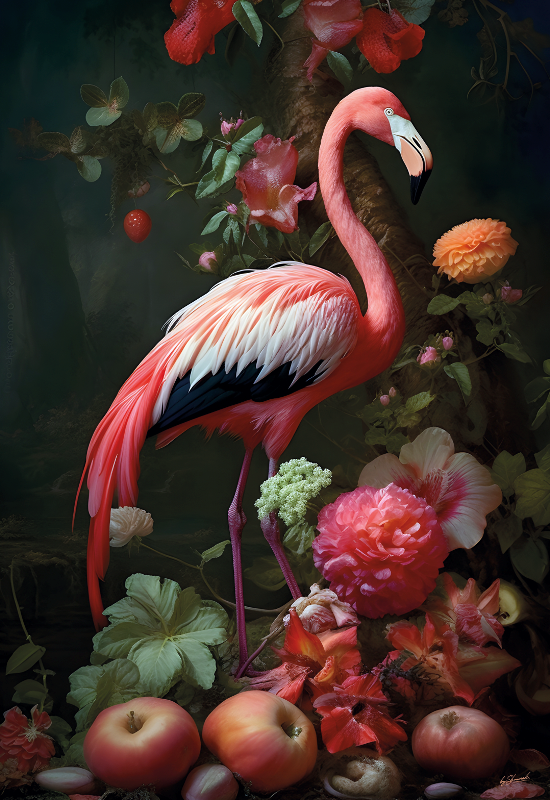 Glasschilderij Flamingo bloemen/fruit 110x160 cm