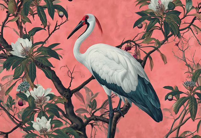 Glasschilderij Kraanvogel / paradijsvogel roze achtergrond 160x110 cm