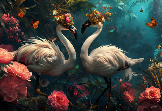 Glasschilderij Flamingo's in de jungle met bloemen 160x110 cm van Ter Halle