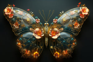 Glasschilderij vlinder blauw/goud 120x80 cm